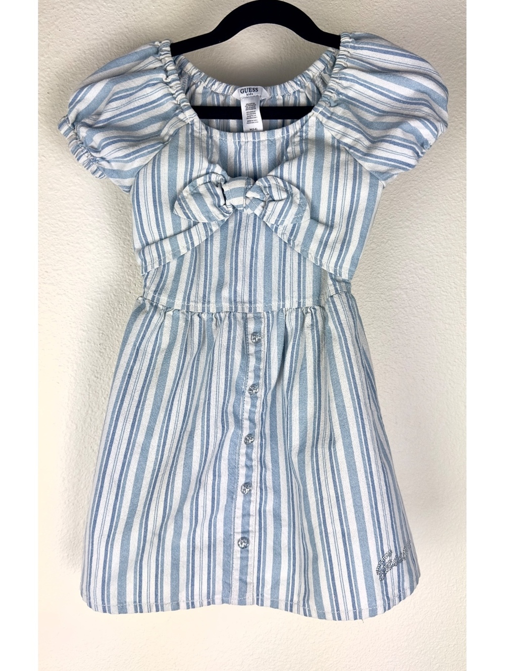 GUESS Kids Girls M 5-6 Blue White Striped Puff Sleeve Bow Button Dress